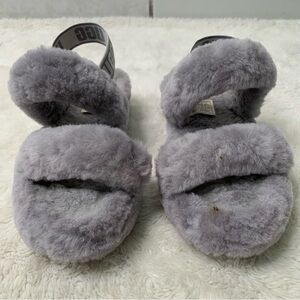 UGG #1107953 Women's Grey Oh Yeah Fluffy Sandal Sheepskin Slippers Shoes Size 7